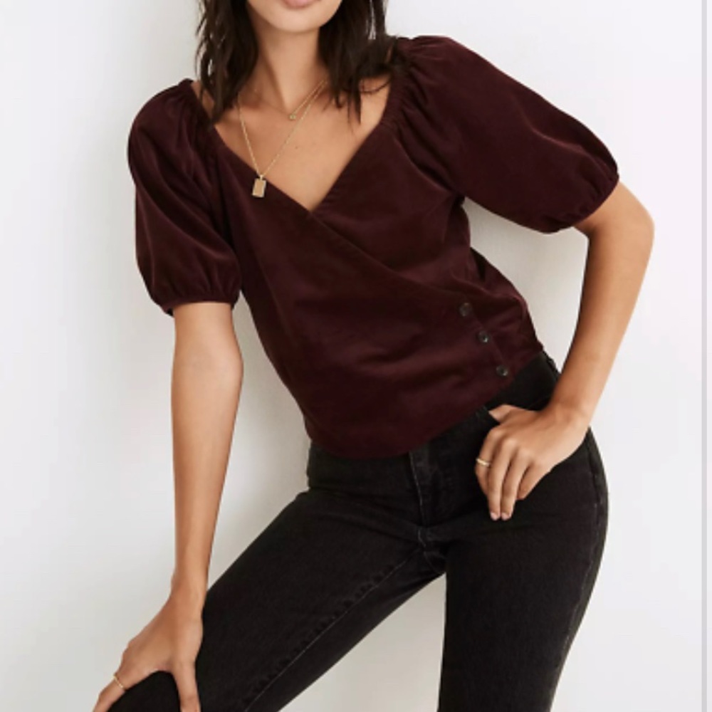 Madewell Corduroy Puff-Sleeve Wrap Top | S